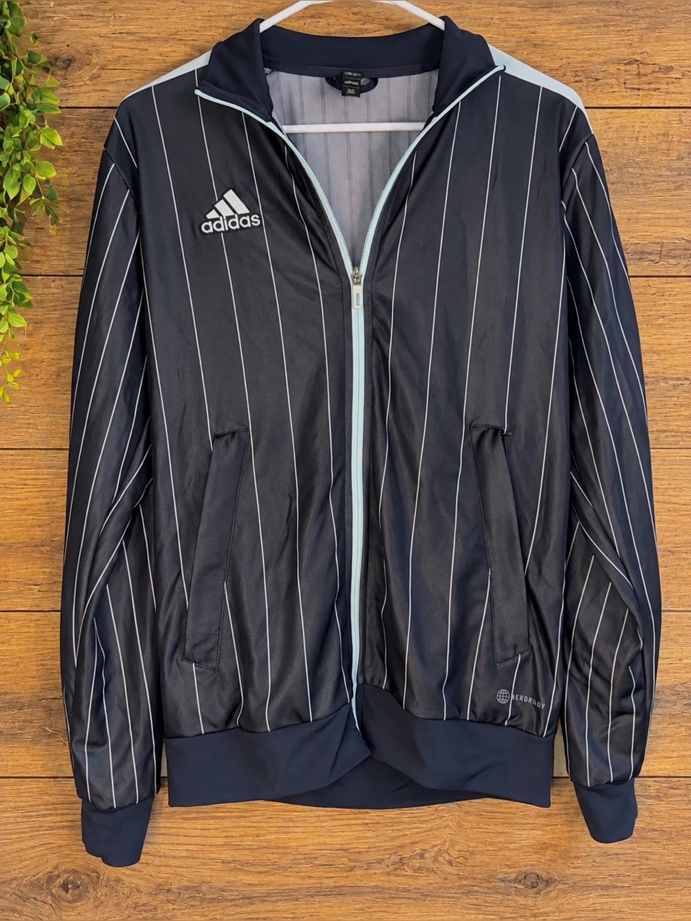 Adidas XS Black Pinstripe AEROREADY Zip Up Track Jacket Athletic | Navy